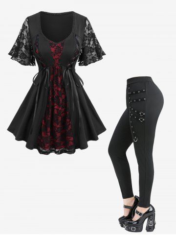 Rose Flower Lace Patchwork Lace-up Top and Straps Grommet D-Ring Heart Buckle Leggings Plus Size Outfit