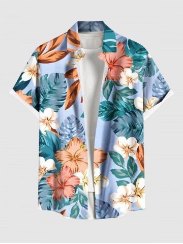 Plus Size Colorful Tropical Leaf Hibiscus Flower Print Hawaii Button Pocket Shirt For Men