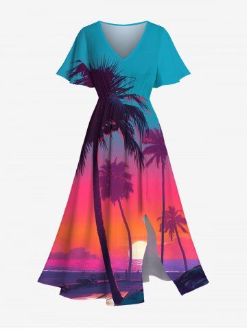 Plus Size Coconut Tree Sun Ombre Sky Print Split Hawaii Midi Dress - RED - S