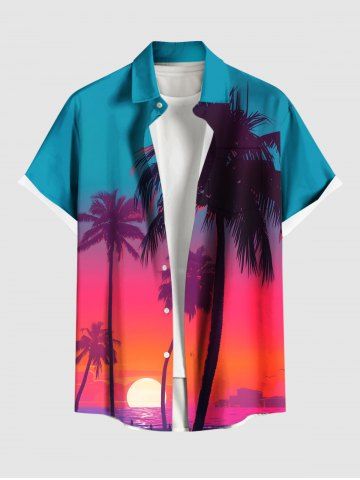 Plus Size Coconut Tree Sun Ombre Sky Print Buttons Pocket Hawaii Shirt For Men - RED - XL