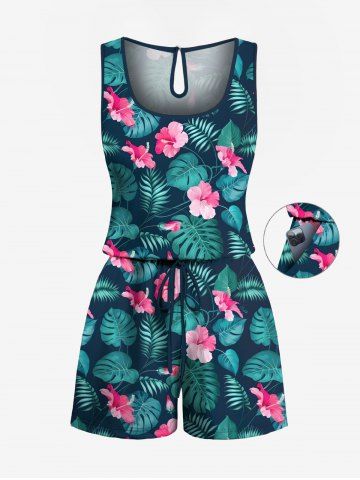 Plus Size Tropical Leaf Hibiscus Flowers Print Cinched Hawaii Romper - BLACK - XXS