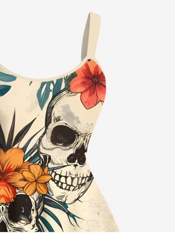 Plus Size Skulls Tropical Leaf Hibiscus Flowers Print Hawaii Tank Dress