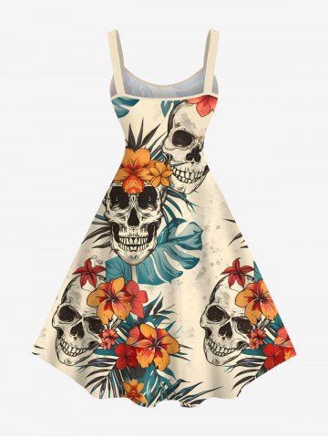 Plus Size Skulls Tropical Leaf Hibiscus Flowers Print Hawaii Tank Dress