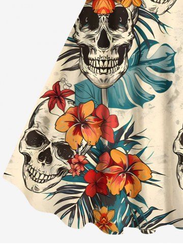 Plus Size Skulls Tropical Leaf Hibiscus Flowers Print Hawaii Tank Dress