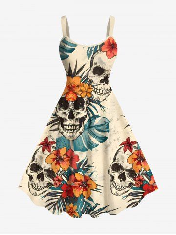 Plus Size Skulls Tropical Leaf Hibiscus Flowers Print Hawaii Tank Dress - LIGHT COFFEE - S