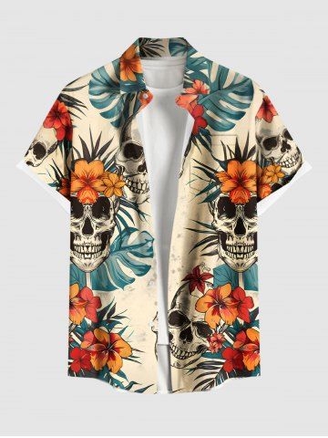Plus Size Skulls Tropical Leaf Hibiscus Flowers Print Buttons Pocket Hawaii Shirt For Men - LIGHT COFFEE - 3XL