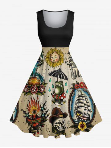 Plus Size Skull Frog Sunflowers Ship Cruise Print 1950s Hawaii Vintage Dress - BLACK - 5X