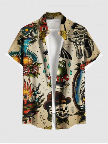Plus Size Skull Frog Sunflowers Ship Cruise Print Buttons Pocket Hawaii Shirt For Men - LIGHT COFFEE - M