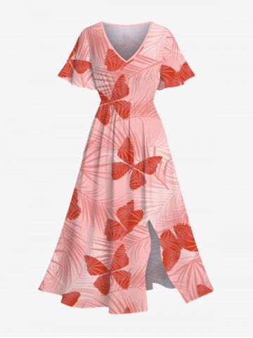 Plus Size Ombre Tropical Leaves Butterfly Print Hawaii Split Pocket A Line Midi Dress - RED - 6X