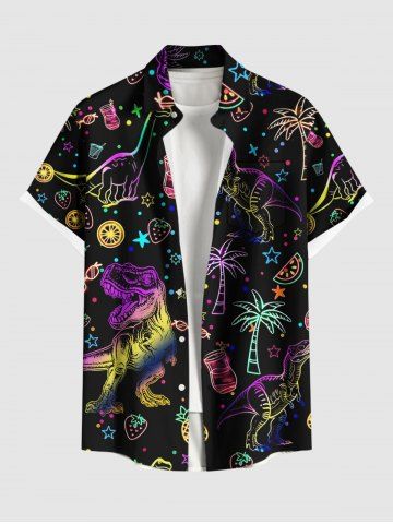 Plus Size Colorful Ombre Dinosaur Coconut Tree Pineapple Juice Strawberry Print Hawaii Shirt For Men - BLACK - 2XL