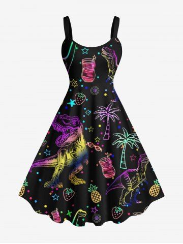 Plus Size Colorful Ombre Dinosaur Coconut Tree Pineapple Juice Strawberry Print Hawaii A Line Tank Dress - BLACK - 1X