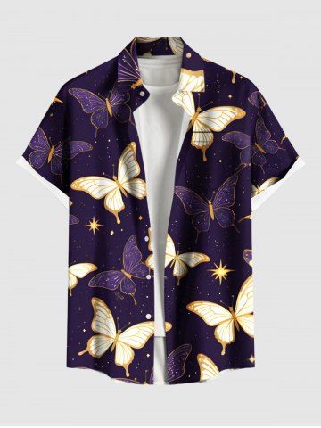 Plus Size Butterfly Stars Galaxy Print Button Pocket Shirt For Men - BLACK - M