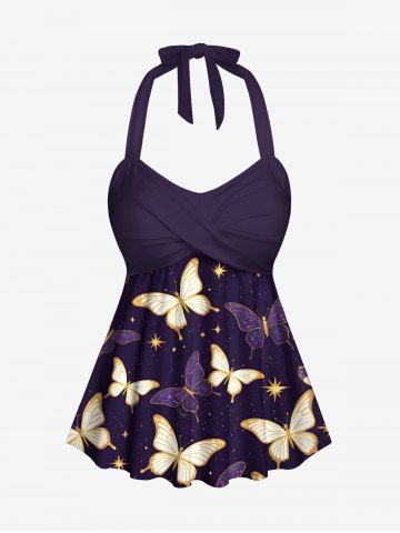 Butterfly Stars Galaxy Print Twist Halter Backless Tankini Top - CONCORD - S