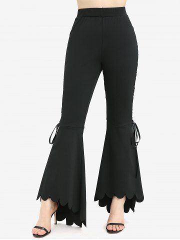 Plus Size Lace Up Scalloped Hem Solid High Low Asymmetric Flare Pants - BLACK - 1X | US 14-16