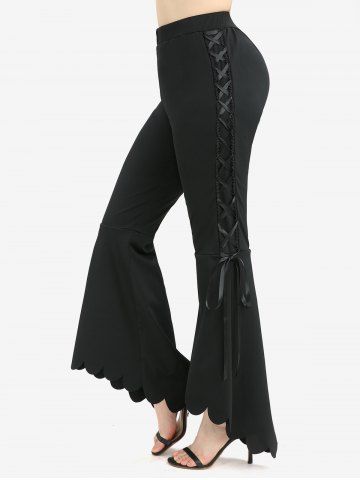 Plus Size Lace Up Scalloped Hem Solid High Low Asymmetric Flare Pants - BLACK - 3X | US 22-24