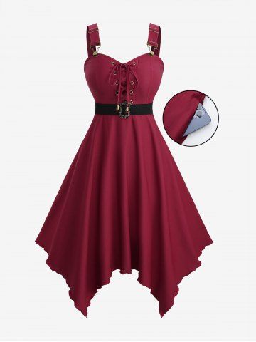 Plus Size Lace Up Solid Pockets Handkerchief Dress with Removable Belt - DEEP RED - L | US 12