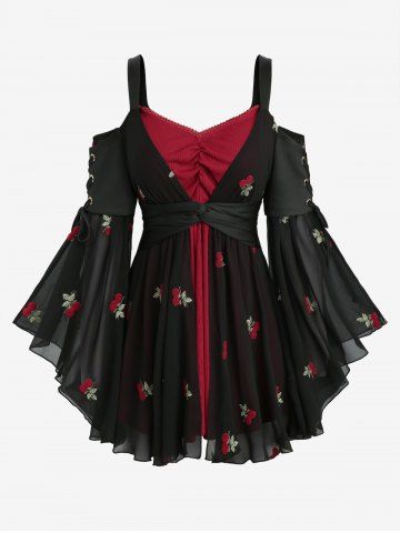 Plus Size Cherry Embroidery Twsit Lace Trim Ruched Lace-up Flare Sleeves Cold Shoulder Top - BLACK - L | US 12