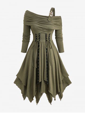 Lace Up Grommets Ruffles Ruched Asymmetrical One Shoulder Dress - DEEP GREEN - XXL