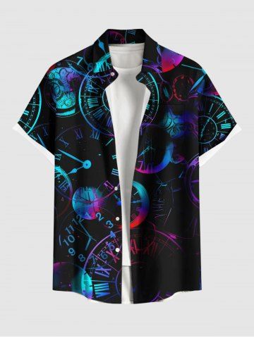 Plus Size Industrial Style Clocks Print Buttons Pocket Shirt For Men - RED - L