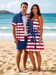Patriotic American Flag Coconut Tree Print Plus Size Matching Outfit For Couples -  