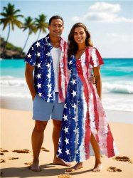 Distressed Patriotic American Flag Print Plus Size Matching Outfit For Couples -  