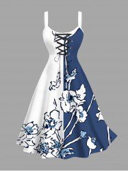 Plus Size Floral Butterfly Colorblock Print Hawaii Lace Up A Line Tank Dress -  