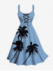 Plus Size Ink Painting Coconut Tree Print Hawaii Lace Up A Line Tank Dress -  