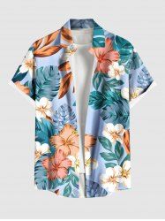 Plus Size Colorful Tropical Leaves Hibiscus Floral Print Hawaii Button Pocket Shirt For Men -  