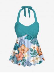 Colorful Tropical Leaves Hibiscus Floral Print Hawaii Twist Halter Backless Tankini Top -  