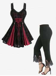 Flocking Mesh Ruffles Lace-up Tank Top and Scalloped Tassel Pockets Flare Pants Plus Size Outfit -  