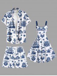 Skulls Pirate Ship Anchor Cruise Print Plus Size Matching Hawaii Beach Outfit For Couples -  