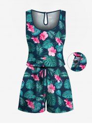 Plus Size Tropical Leaf Hibiscus Flowers Print Cinched Hawaii Romper -  