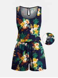 Plus Size Tropical Leaf Hibiscus Flowers Print Cinched Hawaii Romper -  