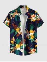 Plus Size Tropical Leaf Hibiscus Flowers Print Buttons Pocket Hawaii Shirt For Men -  