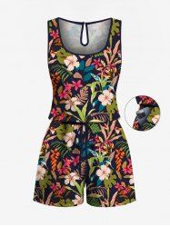 Plus Size Tropical Leaf Hibiscus Flowers Print Cinched Hawaii Romper -  