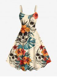 Plus Size Skulls Tropical Leaf Hibiscus Flowers Print Hawaii Tank Dress -  