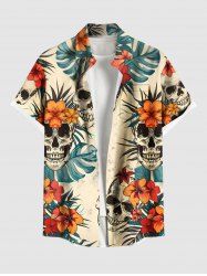 Chemise hawaïenne grande taille à imprimé tête de mort, feuilles tropicales, fleurs d'hibiscus, boutons et poches pour homme - café lumière 4XL