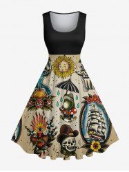 Robe vintage hawaïenne des années 1950 à imprimé tête de mort, grenouille, tournesols, bateau, croisière, grande taille - Noir XS