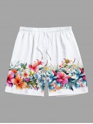 Plus Size Tropical Leaf Hibiscus Flower Print Hawaii Beach Shorts For Men -  
