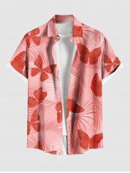 Plus Size Ombre Tropical Leaves Butterfly Print Hawaii Button Pocket Shirt For Men -  