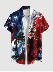 Plus Size Patriotic American Flag Coconut Tree Paint Splatter Print Buttons Pocket Shirt For Men -  