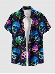 Plus Size Colorful Ombre Skull Stars Print Button Pocket Shirt For Men -  