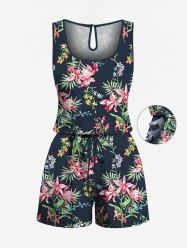 Plus Size Tropical Leaf Hibiscus Flowers Print Cinched Hawaii Romper -  