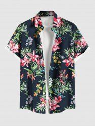 Plus Size Tropical Leaf Hibiscus Flowers Print Buttons Pocket Hawaii Shirt For Men -  