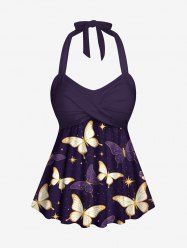 Butterfly Stars Galaxy Print Twist Halter Backless Tankini Top -  