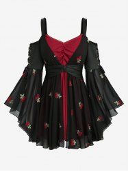 Plus Size Cherry Embroidery Twsit Lace Trim Ruched Lace-up Flare Sleeves Cold Shoulder Top -  
