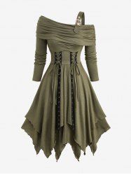 Robe asymétrique à une épaule, froncée, à œillets et à volants, ornée de fronces - Vert profond XL
