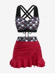 Plus Size Skulls Heart Print Crisscross Cinched Ruffles Asymmetrical Skirt Tankini Swimsuit -  