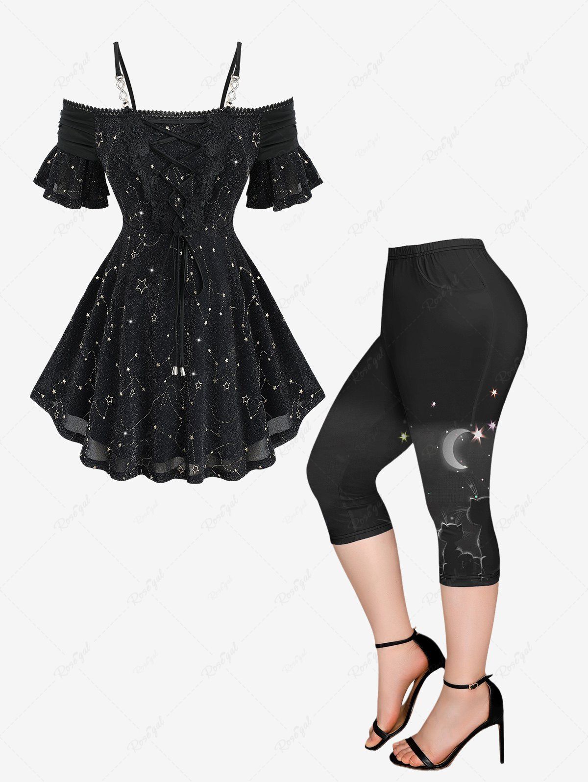Star Stamping Lace-up Lace Trim Ruffles Cold Shoulder Top and Stars Glitter Printed Pockets Capri Leggings Plus Size Outfit