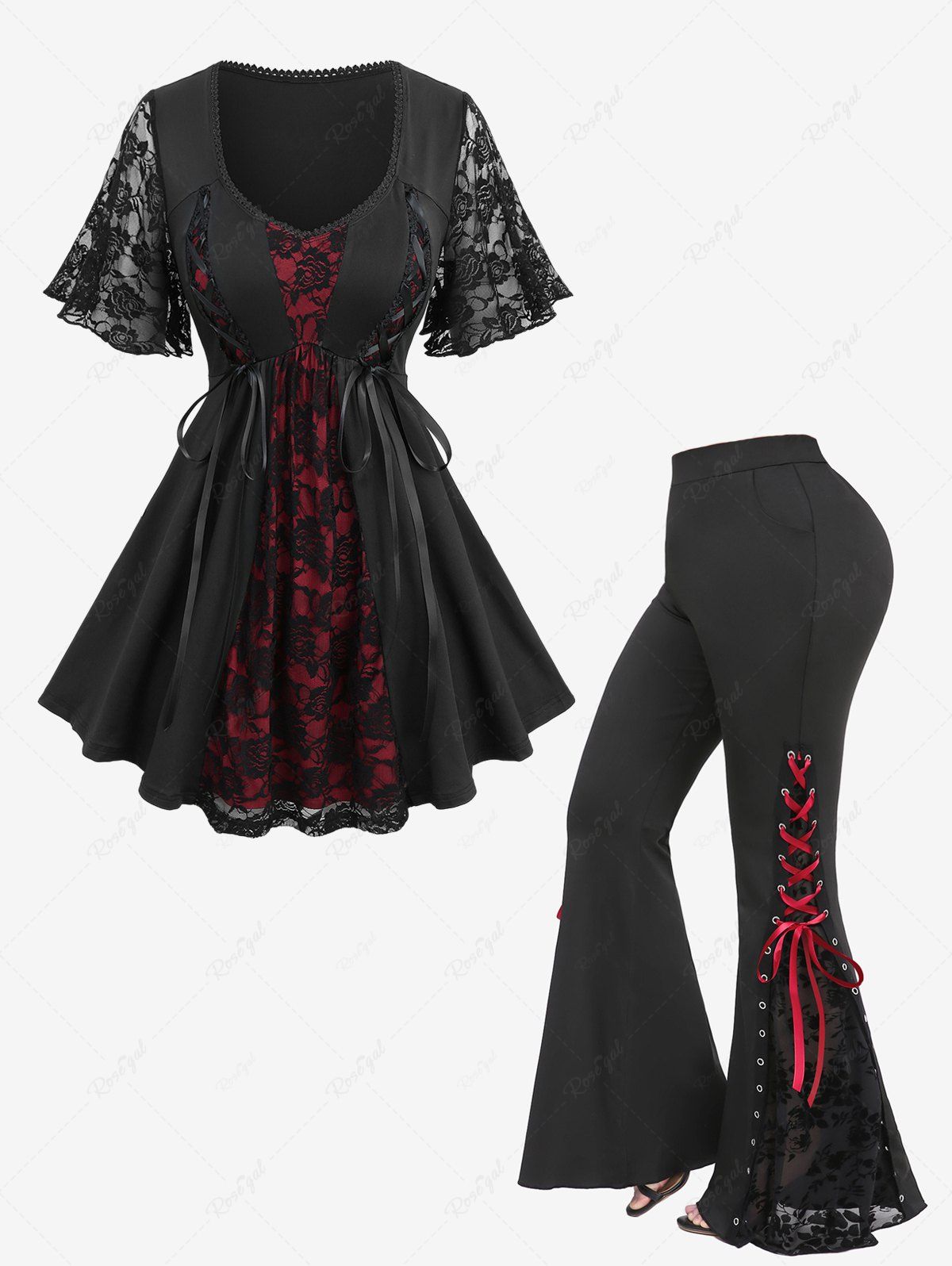 Unique Rose Flower Lace Patchwork Top and Flocking Lace-up Grommet Pull On Flare Pants Plus Size Outfit  